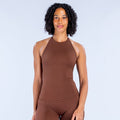 Brown longline halter tank top with high neckline and fitted waist seam