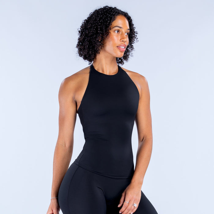 Black longline halter tank top with smooth high neck