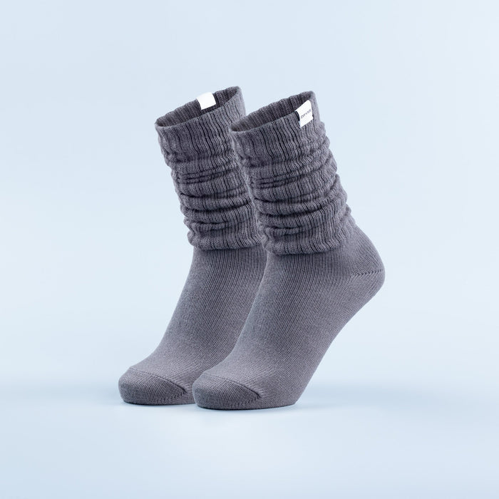 Pair of gray scrunch socks with gathered cuff and cushioned heel-toe