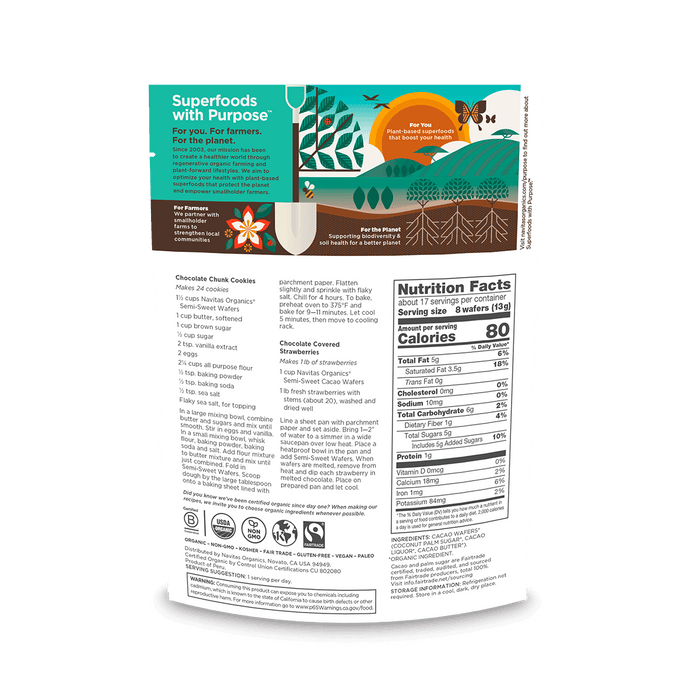 Back of a Navitas Organics Semi-sweet Cacao Wafers package with nutritional information and branding on a blank background