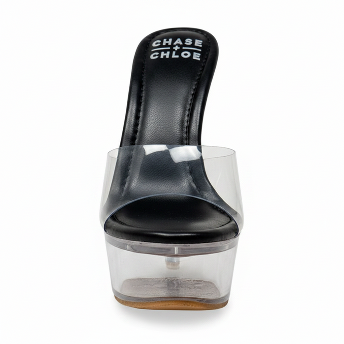 Serenity Clear Platform Stiletto Mule Heels – Black | Chase & Chloe