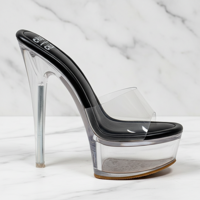 Serenity Clear Platform Stiletto Mule Heels – Black | Chase & Chloe