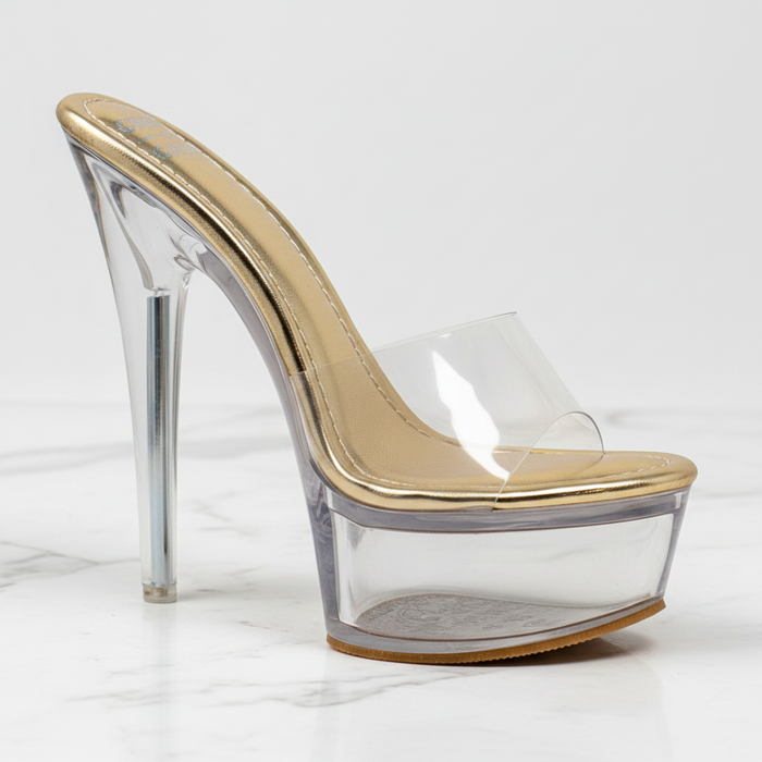 Serenity Clear Platform Stiletto Mule Heels – Gold | Chase & Chloe