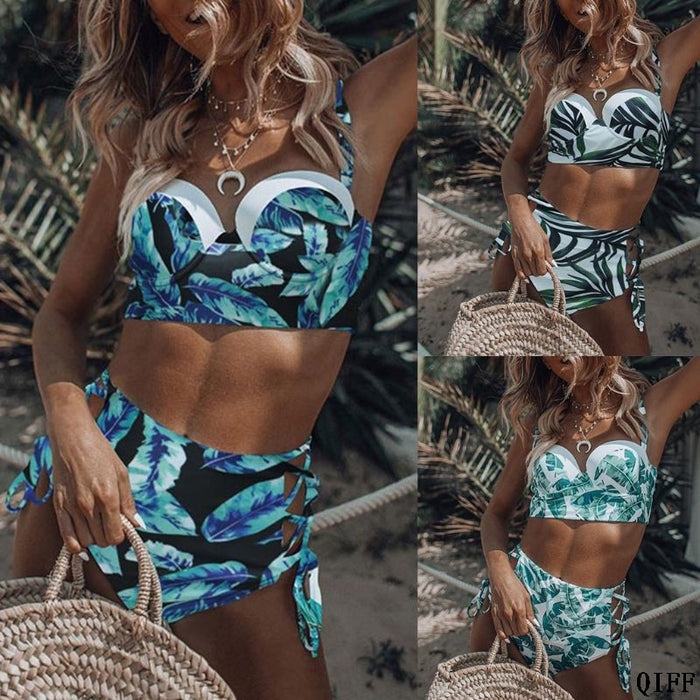 Sexy Two Piece Bikini Set Push Up Underwire Boho Tropical Leaves Printed Swimsuit APR28