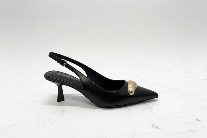 Black Leather Slingback Kitten Heels | Gold Buckle Pointed Toe Pumps
