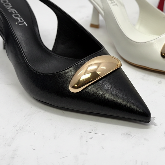Black Leather Slingback Kitten Heels | Gold Buckle Pointed Toe Pumps