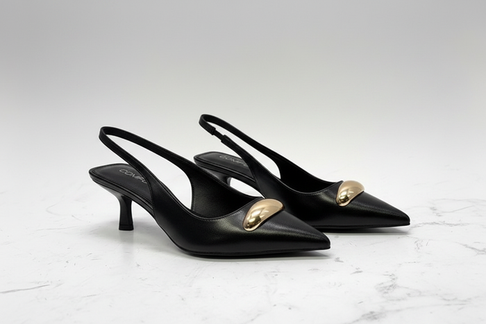 Black Leather Slingback Kitten Heels | Gold Buckle Pointed Toe Pumps