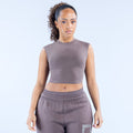 Gray sleeveless crew-neck crop baby tee, fitted cropped length