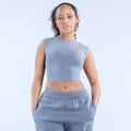 Gray sleeveless cropped baby tee with crew neck and printed logo on front