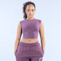 Purple sleeveless crop baby tee with crew neck and small front logo