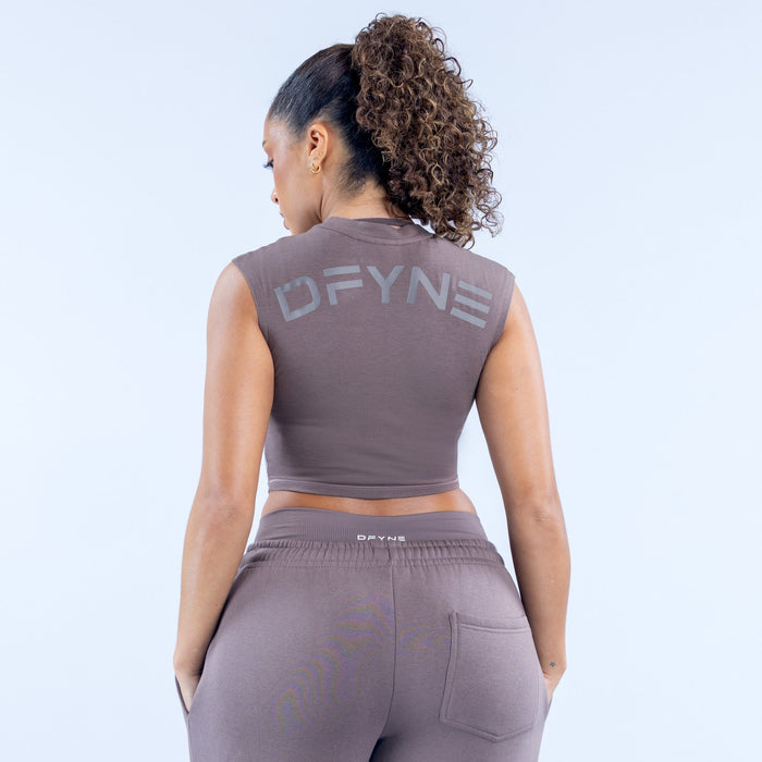 Gray sleeveless crew-neck crop baby tee with back logo print