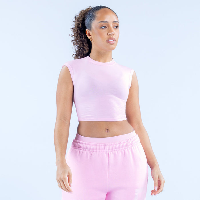 Lilac sleeveless cropped baby tee with crew neck and smooth jersey fabric