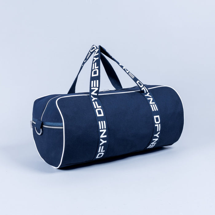Dark navy duffle bag with white piping, rolled ends, and side handle