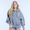 Gray pullover hoodie with hood and drawstring, front kangaroo pocket.