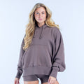 Taupe hoodie with drawstring hood, kangaroo pocket, and long sleeves