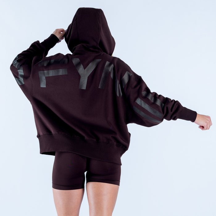 Burgundy pullover hoodie with large back 'FLY' graphic and hood