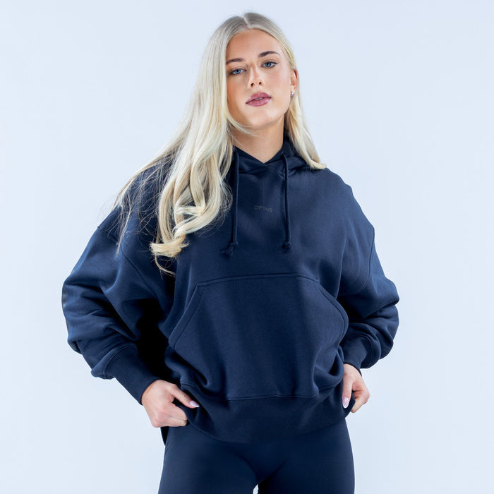 Women's dark navy hoodie with drawstring hood and kangaroo pocket, relaxed fit
