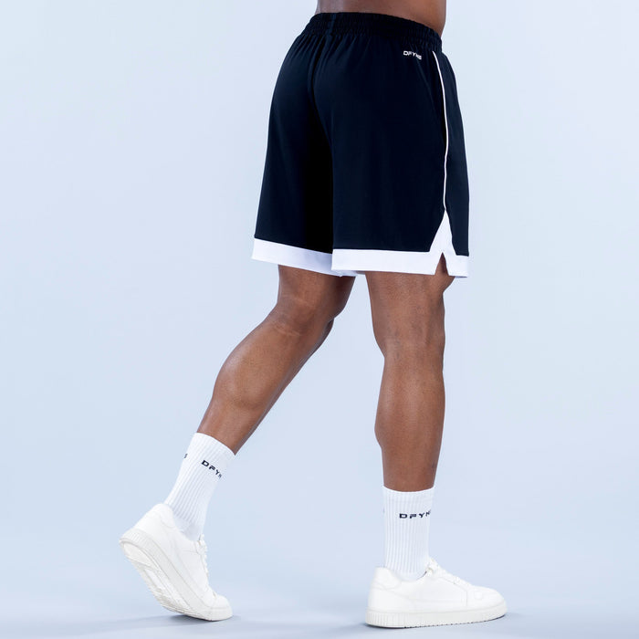 Black jersey shorts with elastic waistband, white drawcord, side stripe detail