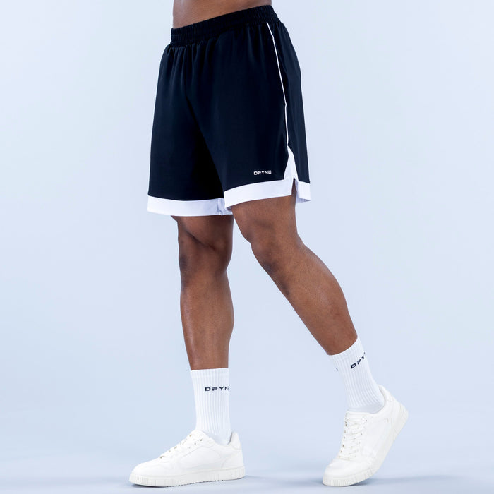 Navy jersey shorts with elastic waistband, side stripe, white hem panel and logo