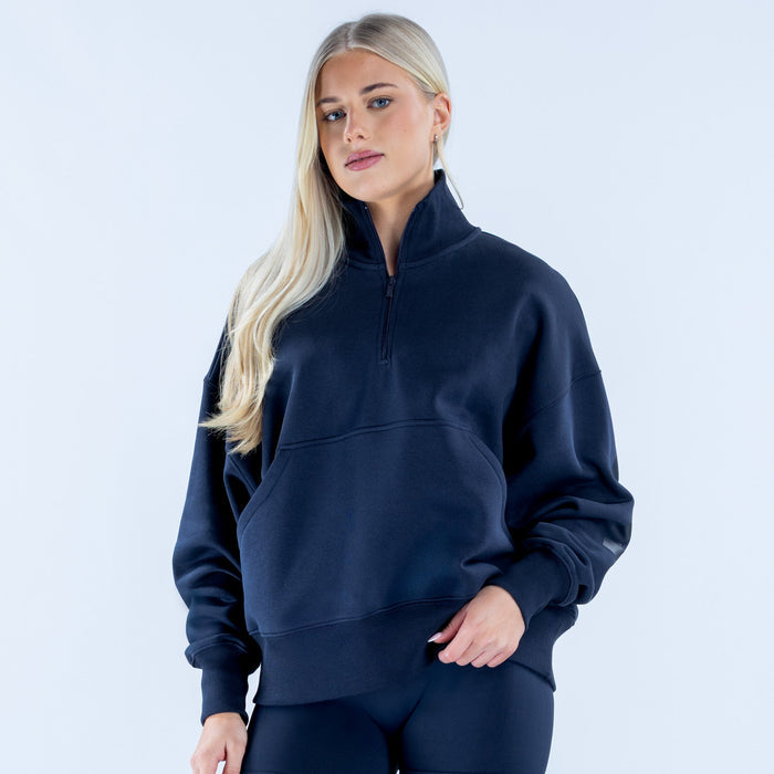Navy quarter-zip sweatshirt with kangaroo pocket and ribbed cuffs, standing collar half zip.