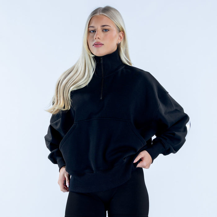Black quarter-zip sweatshirt with front kangaroo pocket and half-zip collar