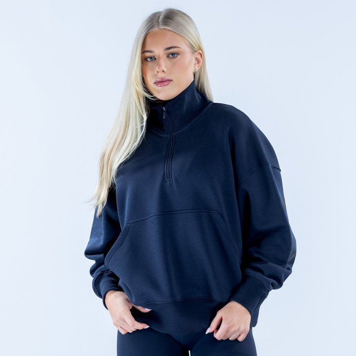 Dark quarter-zip pullover sweatshirt with half-zip stand collar and kangaroo pocket, long sleeves.