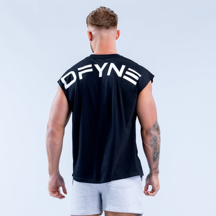 Black sleeveless crew-neck Signature tank with large DFYN back print and white stripes
