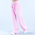 Pink wide-leg jogger pants with elastic waistband, side seam pockets, and logo print.
