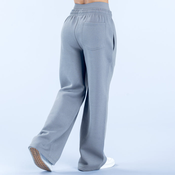 Light gray wide-leg jogger pants with back patch pocket and ribbed elastic waistband