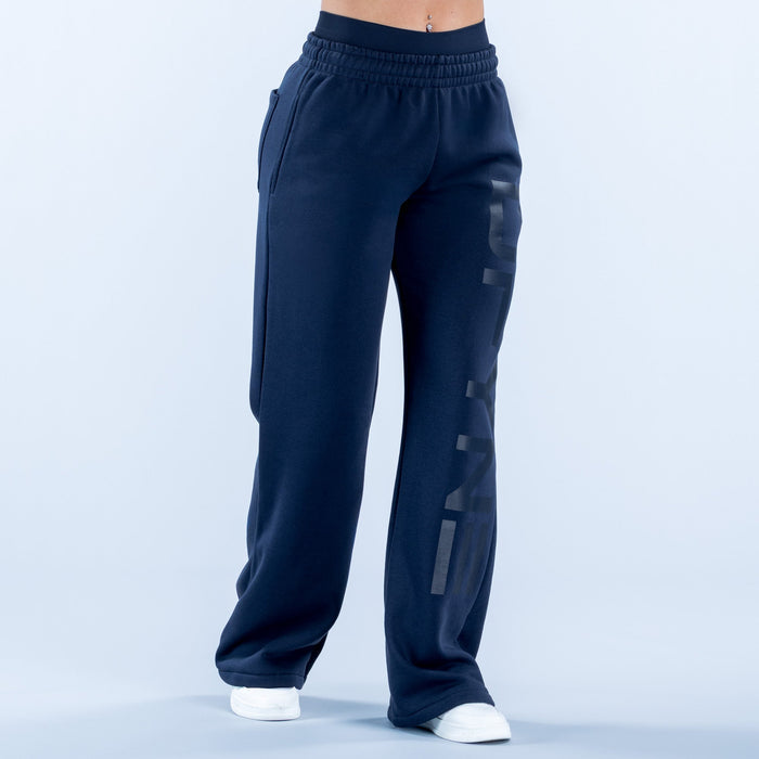 Dark navy wide-leg jogger pants with elastic waistband and side seam pocket
