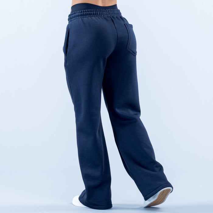 Dark navy wide-leg jogger pants with elastic waistband and back patch pocket
