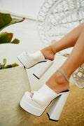 Slip-on Platform Round Peep Toe Block Heel Mule - White