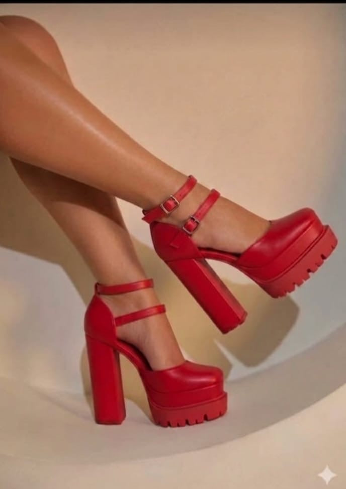 Soul Amalfi Red Platform Block Heel Pumps – Double Ankle Strap Round Toe