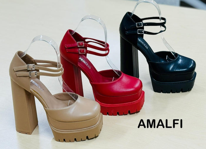 Soul Amalfi Red Platform Block Heel Pumps – Double Ankle Strap Round Toe