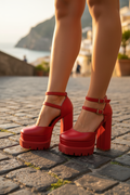Soul Amalfi Red Platform Block Heel Pumps – Double Ankle Strap Round Toe