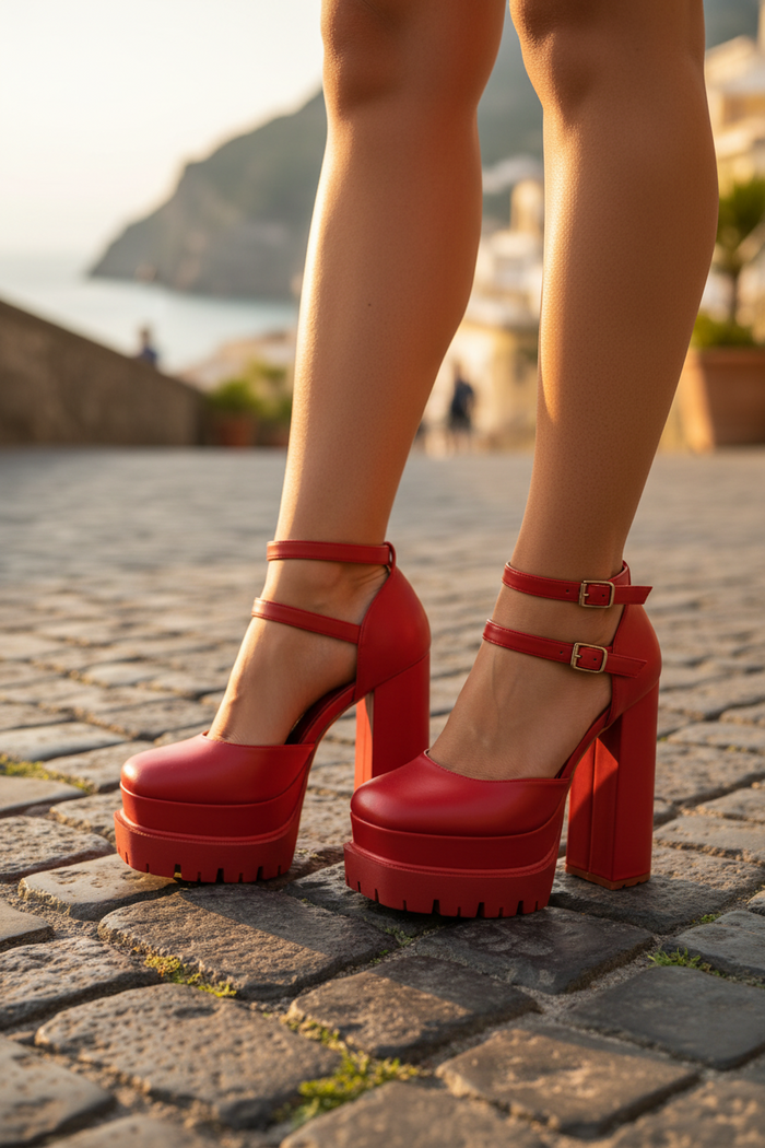 Soul Amalfi Red Platform Block Heel Pumps – Double Ankle Strap Round Toe