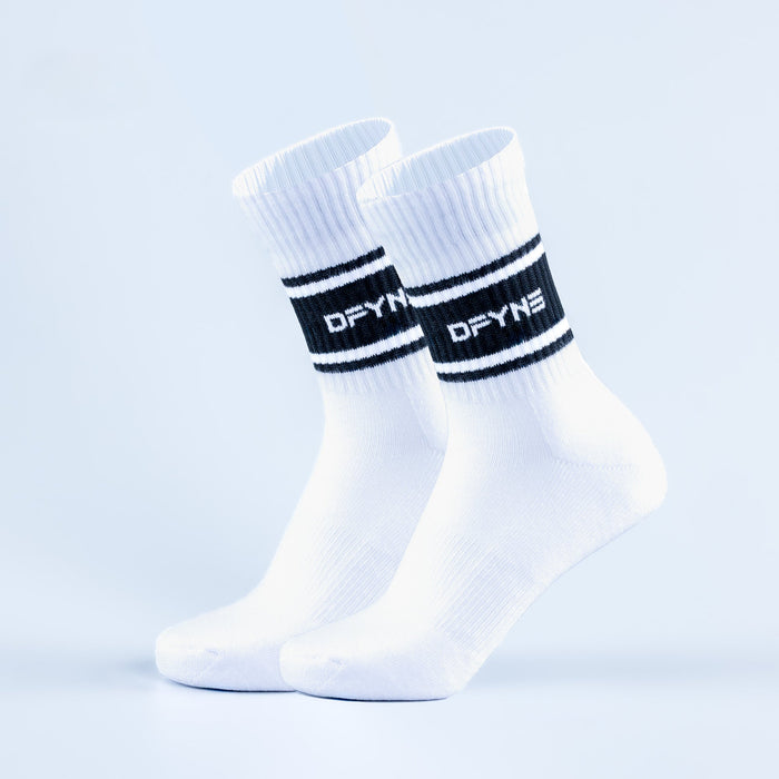Pair of white crew sports socks with black stripe logo on cuff