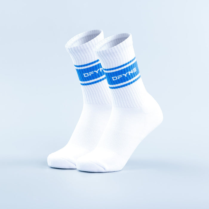 White crew socks with blue sports stripes and logo, cushioned ankle