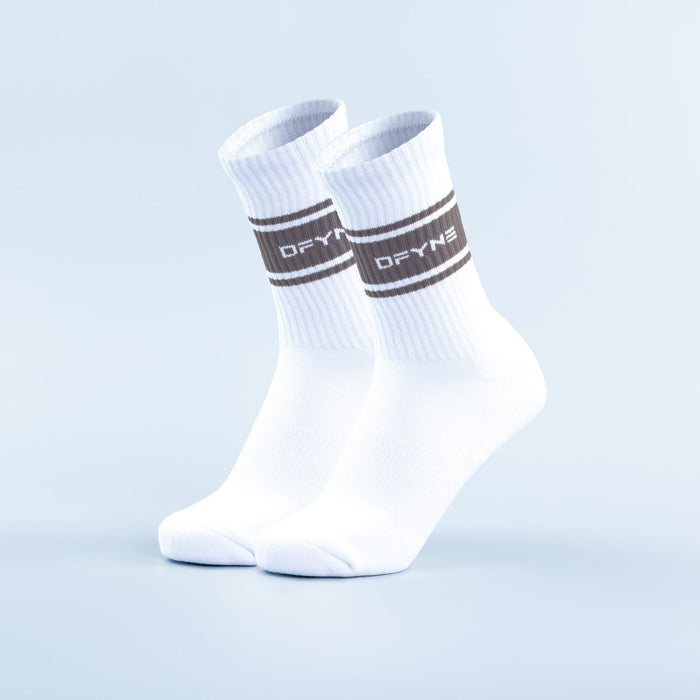 Sports stripe crew socks, white with black logo bands at the mid-calf