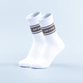 Sports stripe crew socks, white with black logo bands at the mid-calf
