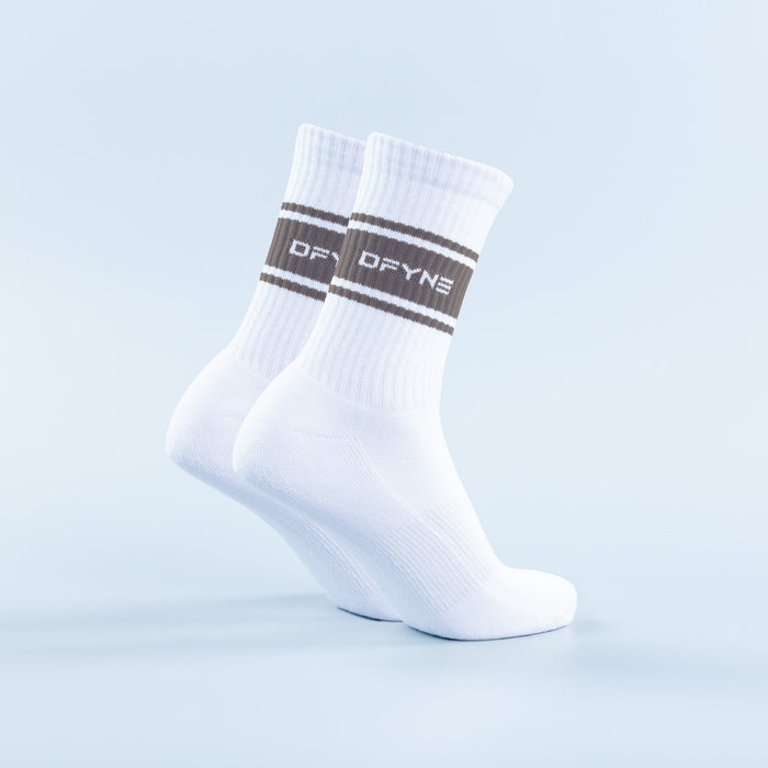 White crew socks with dark sports stripe and DRYLINE logo band