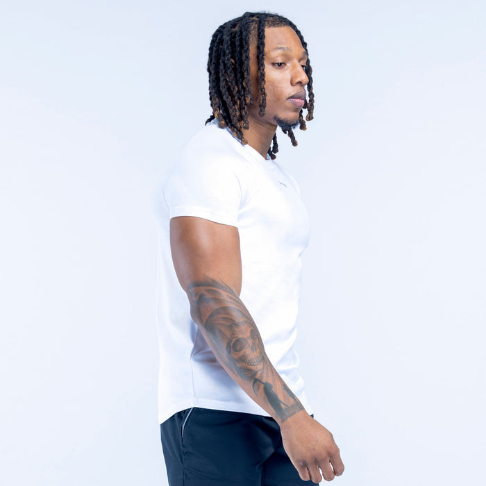 White crew-neck short-sleeve t-shirt shown in side profile
