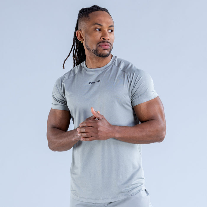 Light gray crew-neck training T-shirt with small chest logo, short sleeves