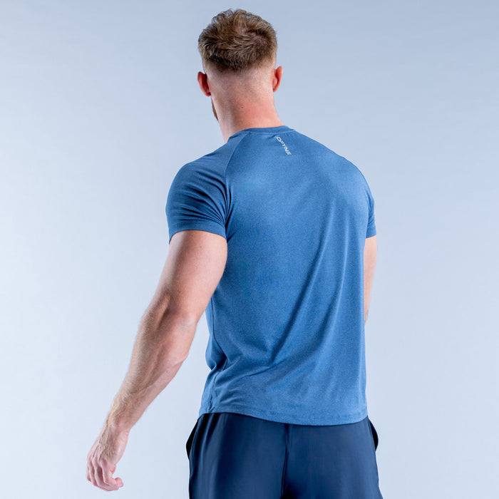 Blue crew-neck training T-shirt, back view, short sleeves