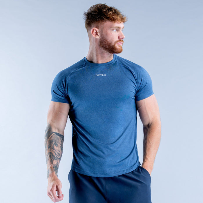 Blue crew-neck training T-shirt with short sleeves, athletic fitted cut
