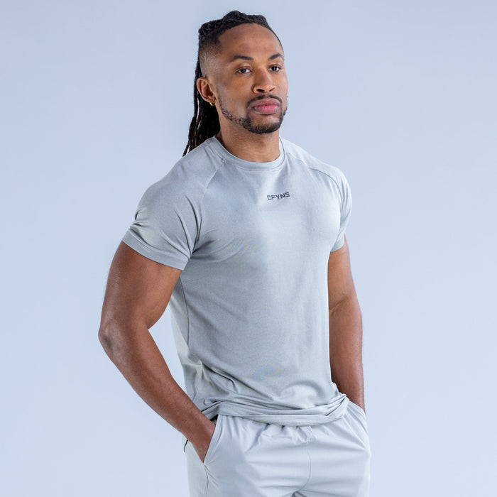 Light gray crew-neck training T-shirt with chest logo, short sleeves