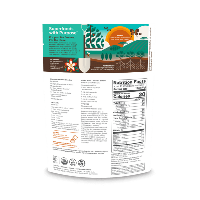 Navitas Organics Maca Powder 8oz. back of bag.