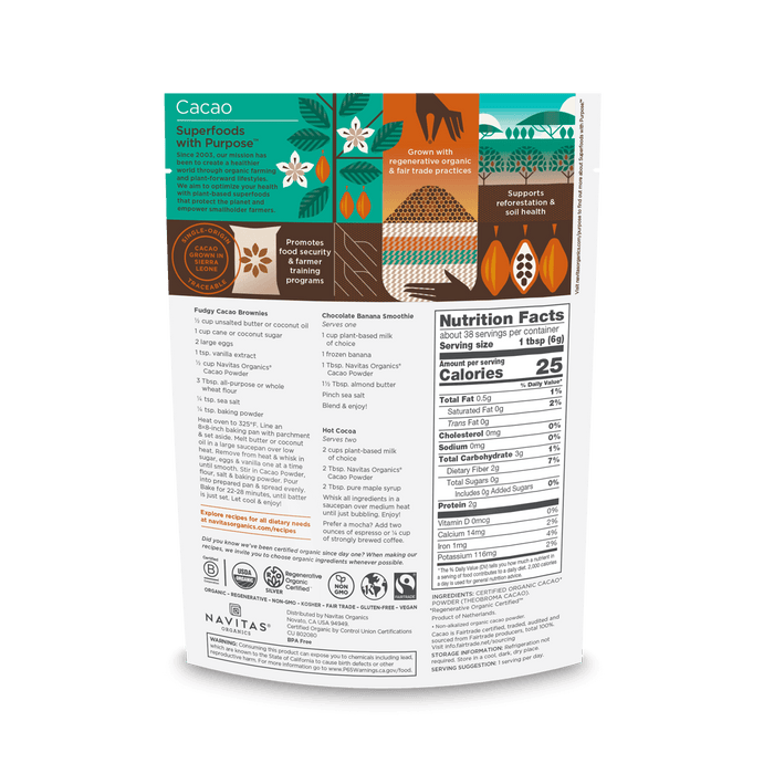 Navitas Organics Cacao Powder 8 oz. back of bag.
