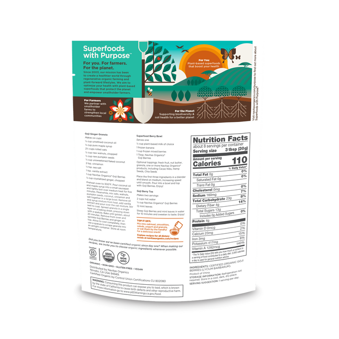 Navitas Organics 8oz. Goji Berries back of bag