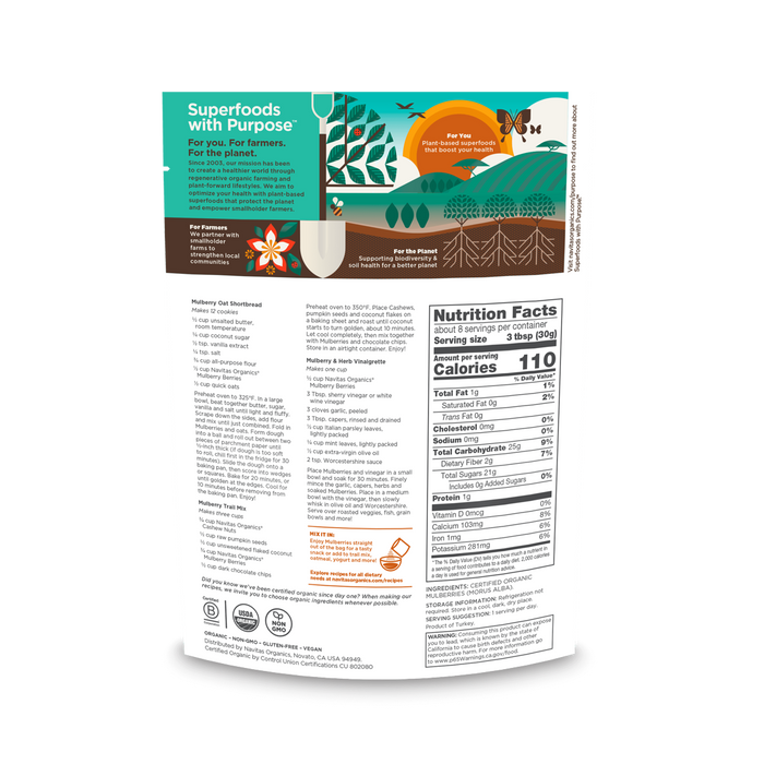 Navitas Organics 8oz. Mulberries back of bag